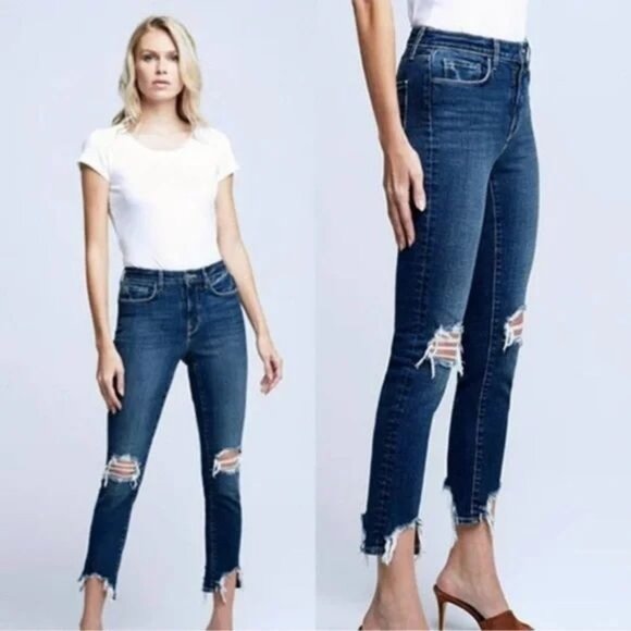 L'Agence Distressed Blue Denim Jeans, 33 - Picture 1 of 9